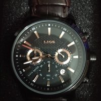 LIGE-Луксозен кварцов часовник,хронограф,дата,кожена каишка,високо качество, снимка 8 - Мъжки - 41424569