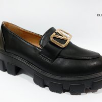 Дамски черни кожени обувки на платформа -034, снимка 1 - Дамски ежедневни обувки - 33933072