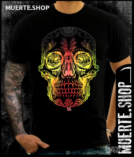 Черна тениска с щампа COLORED SUGARSKULL, снимка 1