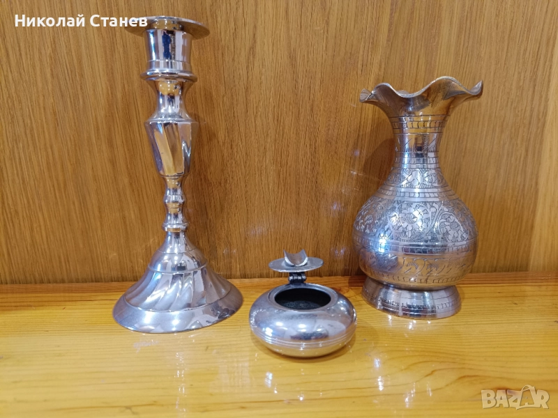 Продавам стар никелиран месингов комплект от 3 части, снимка 1