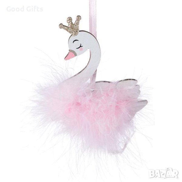 3 броя Дървени коледни висулки за елха, Пухкав Розов Лебед, 9см, снимка 1