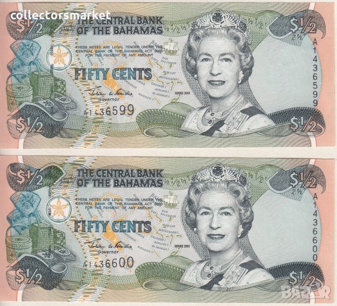 50 цента 2001, Бахамски острови(2 банкноти с поредни номера), снимка 1