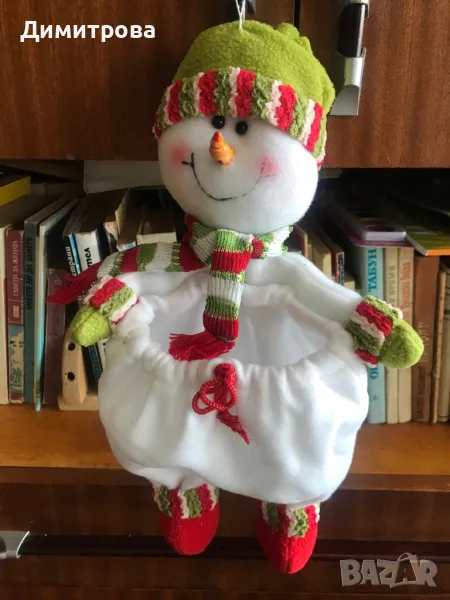 Коледна украса: снежен човек /чорап/, свещник, червена свещ, снимка 1