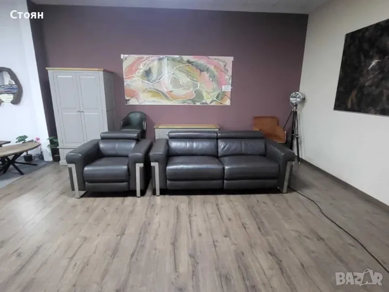 Сив кожен диван тройка и фотьойл Moreno с ел. релакс механизъм, снимка 1