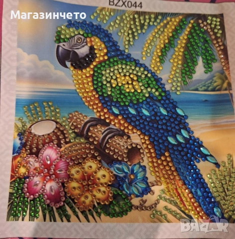 💎 Диамантен гоблен 20х20 см – Цветен папагал лакиран 