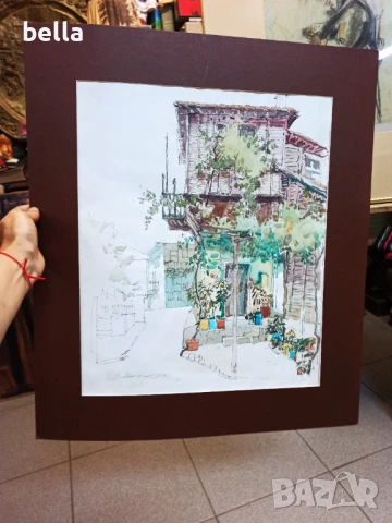 Стар  акварел с паспарту ,смесена техника на Владимир Мански, снимка 4 - Антикварни и старинни предмети - 51428871