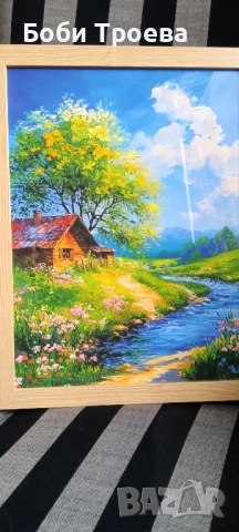 Хармония-пасторална сцена с къщичка, поток и диви цветя, идеална за домашен декор на дома,