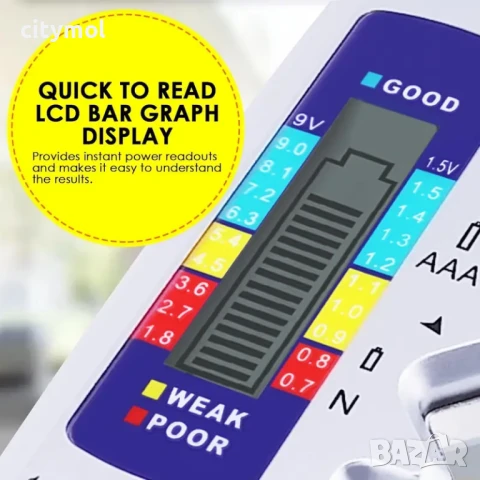 Тестер за батерии, подходящ за всички батерии тип C AA AAA DN 9V 6F22 1.5V,, снимка 4 - Друга електроника - 50951245