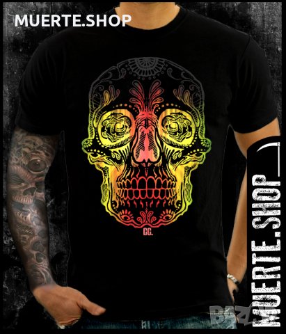 Черна тениска с щампа COLORED SUGARSKULL, снимка 1