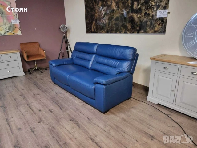 Син кожен диван тройка - 100 % естествена кожа, снимка 2 - Дивани и мека мебел - 51954792