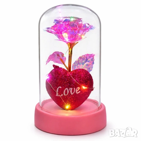 Светеща роза с  сърце с надпис LOVE под прозрачен купол с LED светлини, снимка 3 - Романтични подаръци - 53110269