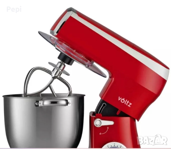 Планетарен миксер с купа от инокс Voltz, 2100W, 7.5 литра, 3 бъркалки, 6 степени + Pulse, LED, Черве, снимка 8 - Миксери - 51525984