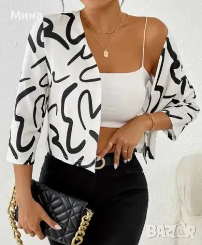 Късо яке без закопчаване с 3/4 ръкав в бяло и черно, снимка 3 - Сака - 47274077
