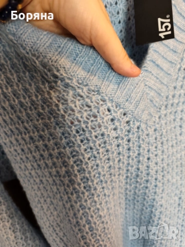 Нов син пуловер бранд 157 LEGER с брошка облак дъжд, снимка 7 - Блузи с дълъг ръкав и пуловери - 53501596