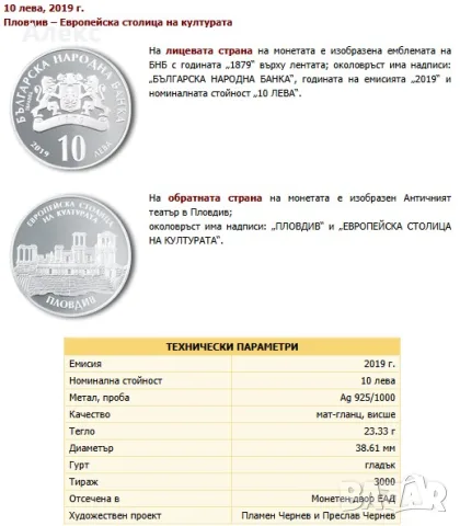 Монета Пловдив – Европейска столица на културата 10 лева 2019 г. 