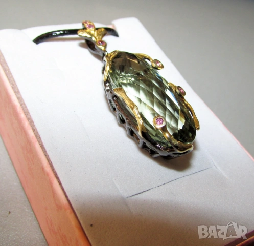 925 сребърно  колие със зелен аметист празиолит 40 карата, снимка 3 - Колиета, медальони, синджири - 53811601