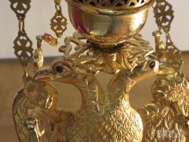 Старинно бронзово руско православно висящо кандило с двуглав орел  и позлата с меч и държава в нокти, снимка 12 - Антикварни и старинни предмети - 35774337