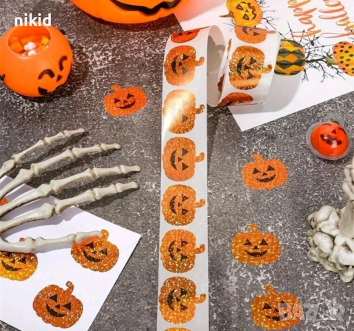 100 бр Тиква Хелоуин холограмни Halloween самозалепващи лепенки стикери ръчна изработка за подарък, снимка 2 - Други - 51586101