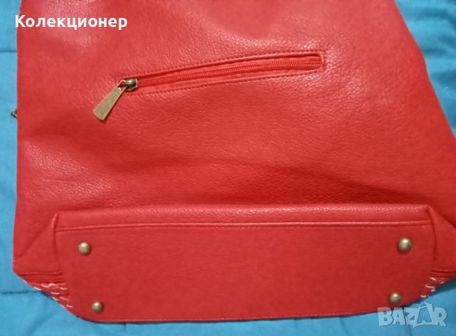 Чисто нова червена дамска чанта с плетен ефект и външни джобове, снимка 6 - Чанти - 31459086