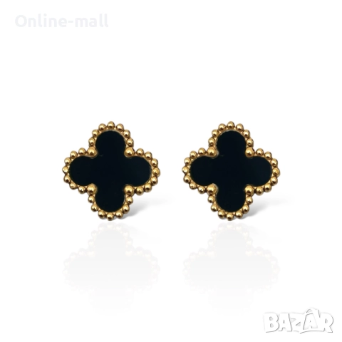 Елегантни обеци бели и черни детелини със златен обков – стил Van Cleef- медицинска стомана, снимка 3 - Обеци - 52425179