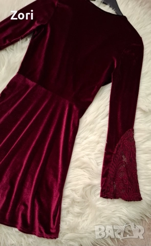 Рокля в цвят бордо от кадифе с дантела, снимка 7 - Рокли - 52658175