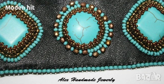Комплект с тюркоаз - гривна, пръстен и обеци /естествена кожа, бродерия с мъниста/. Ръчна изработка., снимка 3 - Бижутерийни комплекти - 50756089