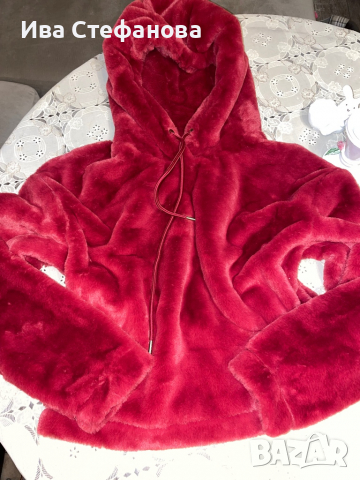 Меко топло палто яке с качулка суичър  бордо имитация на заешка козина кожа , снимка 4 - Суичъри - 36381505