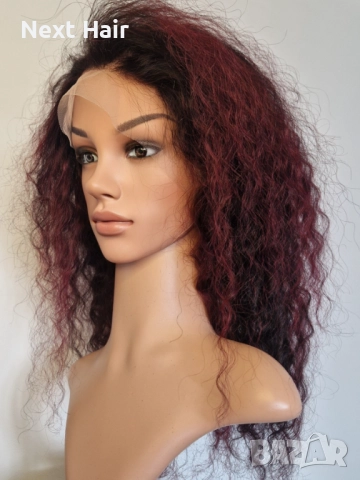 Естествена афро перука къдрава черна с тъмно червени бородо кичури с дантела 13х4, снимка 7 - Аксесоари за коса - 52019116