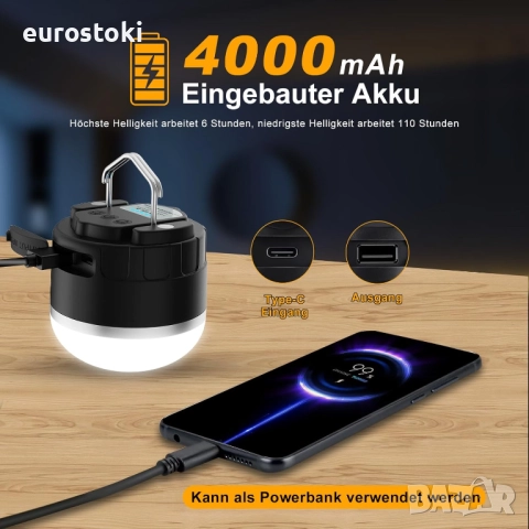 LED къмпинг лампа с акумулаторна батерия - преносима външна лампа за палатка с батерия 4000mAh, снимка 3 - Къмпинг осветление - 52484694