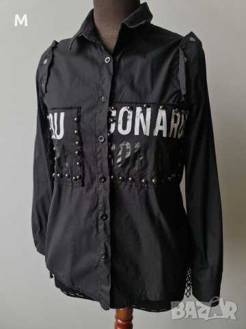 Жестока черна дамска риза с надписи,мрежа,капси, снимка 1