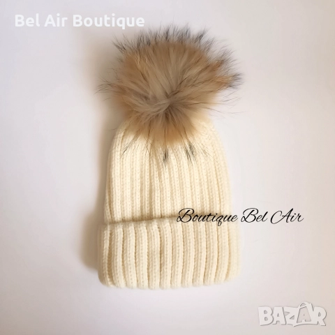 Зимна шапка с помпон от естествен косъм, зимна шапка, естествен пух, снимка 5 - Шапки - 52626049