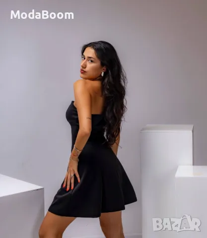 Къса черна дамска рокля | без рамене , снимка 4 - Рокли - 47531514