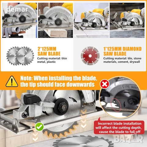 12,5 см Акумулаторен циркуляр, съвместим с батерия Dewalt 20V, 3 диска, 9500 об/мин - без батерия, снимка 6 - Други инструменти - 51734176