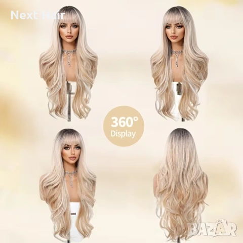 Ефектна 76 см руса перука с омбре преливане и естествени тъмни корени и бретон, снимка 4 - Аксесоари за коса - 53453742