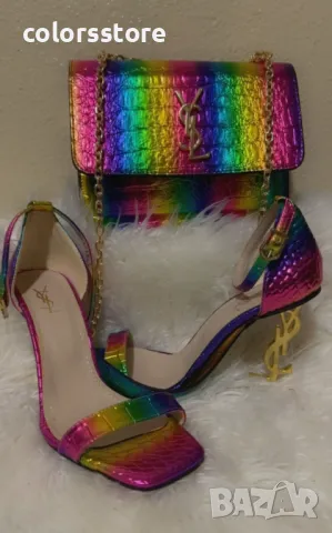 Сандали на ток - шарена кожа със златист ток - S-Y1L