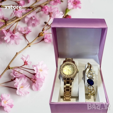 Луксозен дамски комплект – елегантен часовник и изискана гривна със скъпоценни камъни, снимка 3 - Бижутерийни комплекти - 52793531