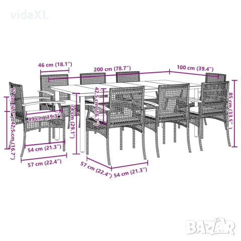 vidaXL Градински трапезен комплект 9 части с възглавници сив полиратан, снимка 7 - Градински мебели, декорация  - 56146719