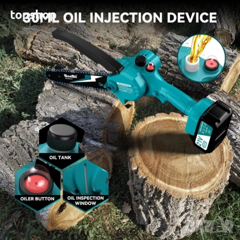 Нов пълен комплект мини верижен трион SeeSii M8 Pro 8 инча, 2 батерии, 2 Вериги, 2 шини + аксесоари, снимка 6 - Подемници - 51598058