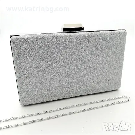 Официална чанта клъч тип плик сребърна твърда със ситен брокат