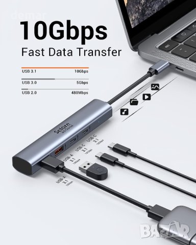 10Gbps USB C хъб, USB C към USB C/A, 4 порта (НЕ поддържа зареждане и монитор), снимка 2 - Кабели и адаптери - 42136562
