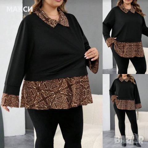 Макси елегантна стилна мека и леко еластична туника с ефектна яка+копченце и волан, уголемена в бюст, снимка 2 - Туники - 52829435