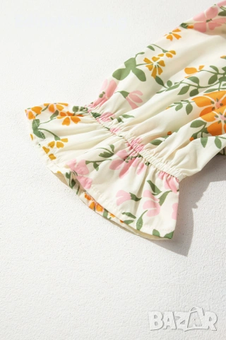 Дамска къса рокля с флорален принт, V-образно деколте и плетени детайли, снимка 14 - Рокли - 53081867