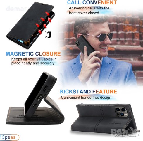 Калъф 13peas за iPhone 14 Pro Max 2022 г., от телешка кожа с протектор за екран (черен), снимка 6 - Калъфи, кейсове - 42312199