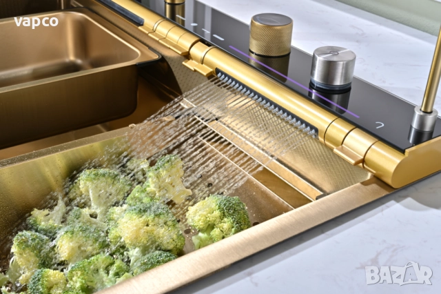 Златна мултифункционална кухненска мивка с регулируем двоен водопад, снимка 3 - Мивки - 51491360