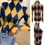 Макси модерна еластична блуза на ромбоиди с висока яка в две ефектни разцветки- горчица-тъмно синьо , снимка 2