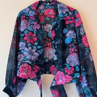 Черна широка риза с цикламени и лилави цветя 🌸, снимка 5 - Ризи - 44198252