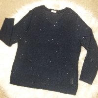 ТЪМНОСИНЯ блуза плетиво от рехаво еластично букле с пайети в нишката, снимка 1 - Блузи с дълъг ръкав и пуловери - 44395098