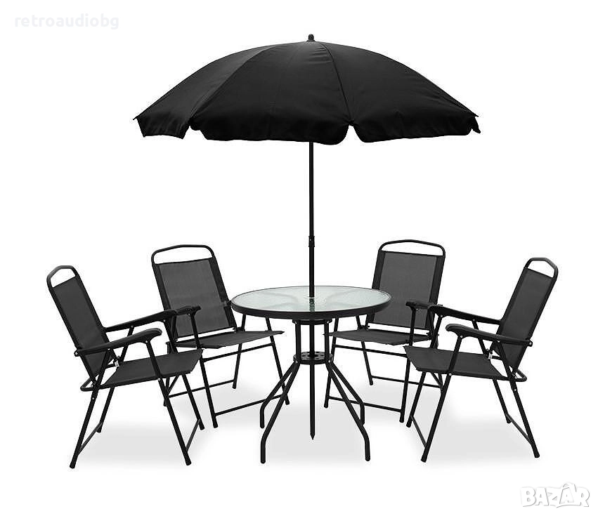  Градински комплект КАМЕЛИЯ маса Ф75, 4 сгъваеми стола и чадър, снимка 1