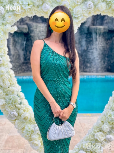 Официална зелена дълга рокля за сватба, снимка 1