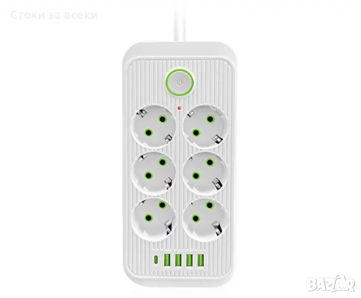 Разклонител 220V с 6 гнезда, 4 USB порта + 2xType C, Digital One SP00985, Бял, 1.5 м, 2500W, с ключ, снимка 1